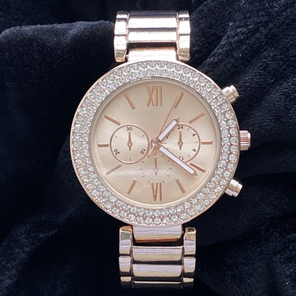 ACCUTIME CORP LADIES CUFF BRACELET ANALOG WATCH ROSE GOLD RHINESTONE BEZEL BLING